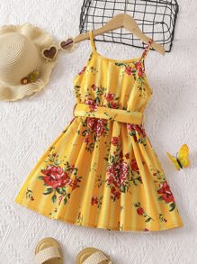 SHEIN 小女童印花腰帶吊帶連衣裙 - 黃色 - 查看 2