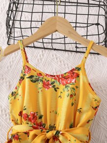 SHEIN 小女童印花腰帶吊帶連衣裙 - 黃色 - 查看 3