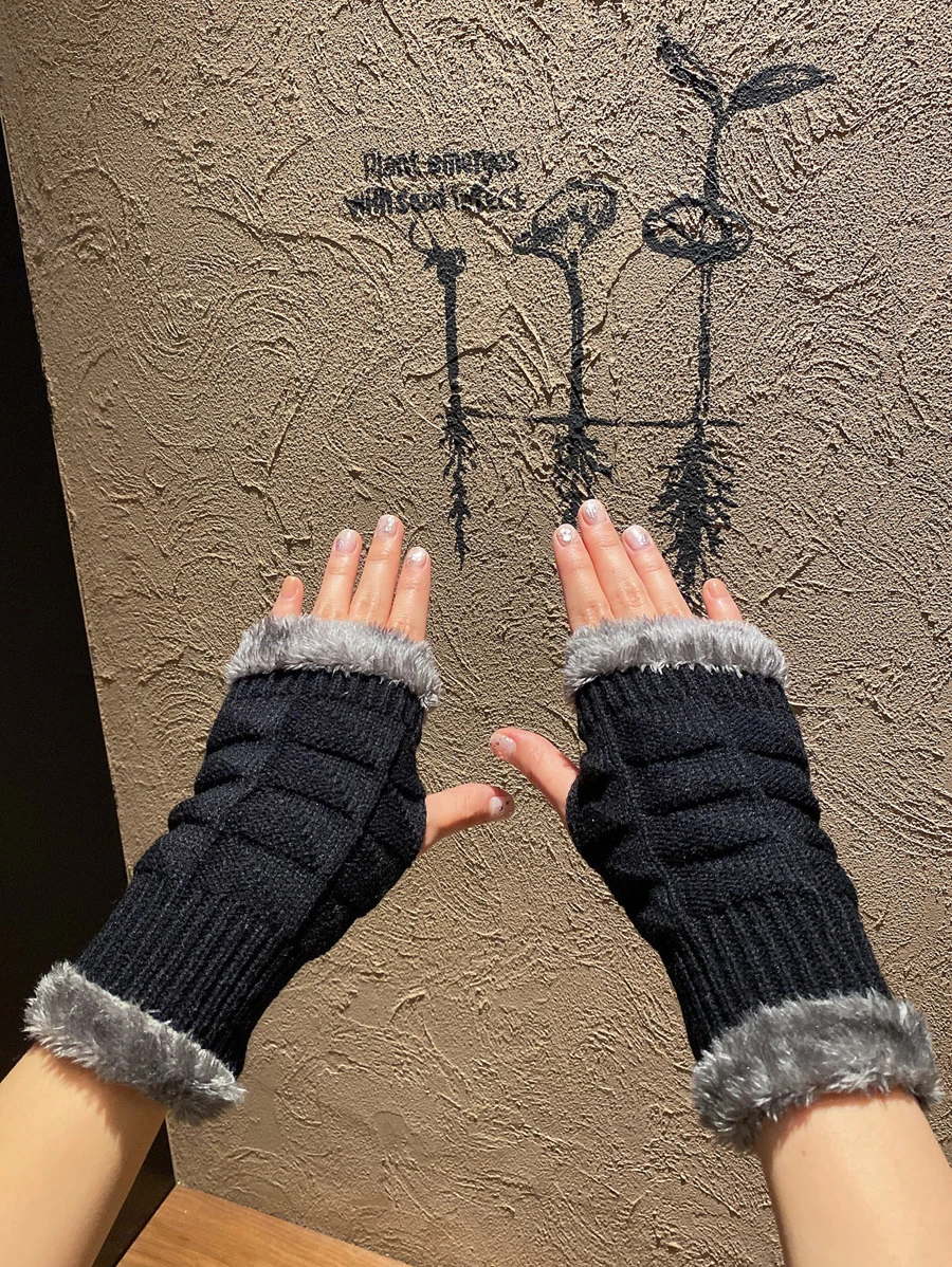 Plush Lined Fingerless Gloves - Black - View 1