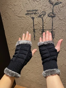 Plush Lined Fingerless Gloves - Black - View 2