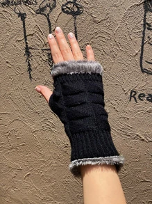 Plush Lined Fingerless Gloves - Black - View 3