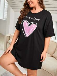 大碼愛心和標語圖案落肩袖睡裙