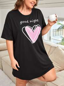 大碼愛心和標語圖案落肩袖睡裙