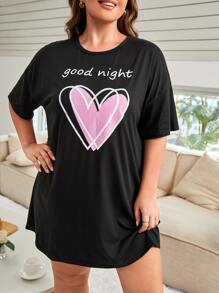 大碼愛心和標語圖案落肩袖睡裙