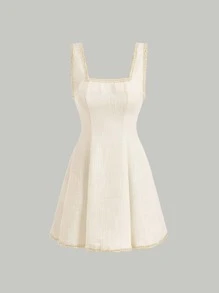 SHEIN MOD 拼接毛邊緣連衣裙 - 白色 - 查看 2