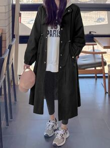 DAZY Solid Drop Shoulder Drawstring Waist Trench Coat,Fall Clothes Women Jacket - Black - View 2