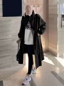 DAZY Solid Drop Shoulder Drawstring Waist Trench Coat,Fall Clothes Women Jacket - Black - View 3