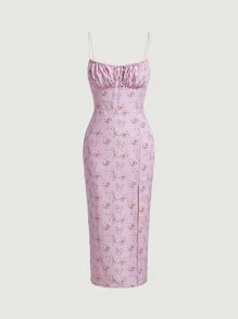 SHEIN MOD 碎花胸部褶皺高衩吊帶洋裝 - 彩色 - 查看 2