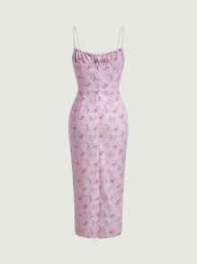 SHEIN MOD 碎花胸部褶皺高衩吊帶洋裝 - 彩色 - 查看 8