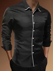 Manfinity Hombres Camisa ribete en contraste con botón