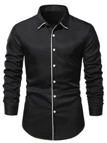 Manfinity Hombres Camisa ribete en contraste con botón