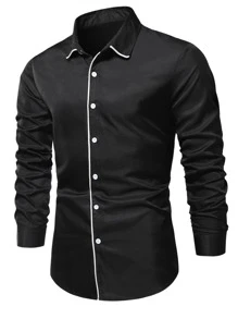 Manfinity Hombres Camisa ribete en contraste con botón