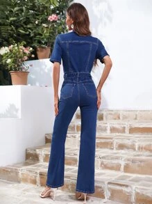 Button Front Belted Denim Jumpsuit - Dark Wash - View 2