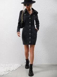 SHEIN Privé Flap Pocket Button Front Denim Dress - Dark Grey - View 7