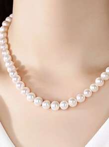 Faux Pearl Decor Silver Beaded Necklace - White - View 1