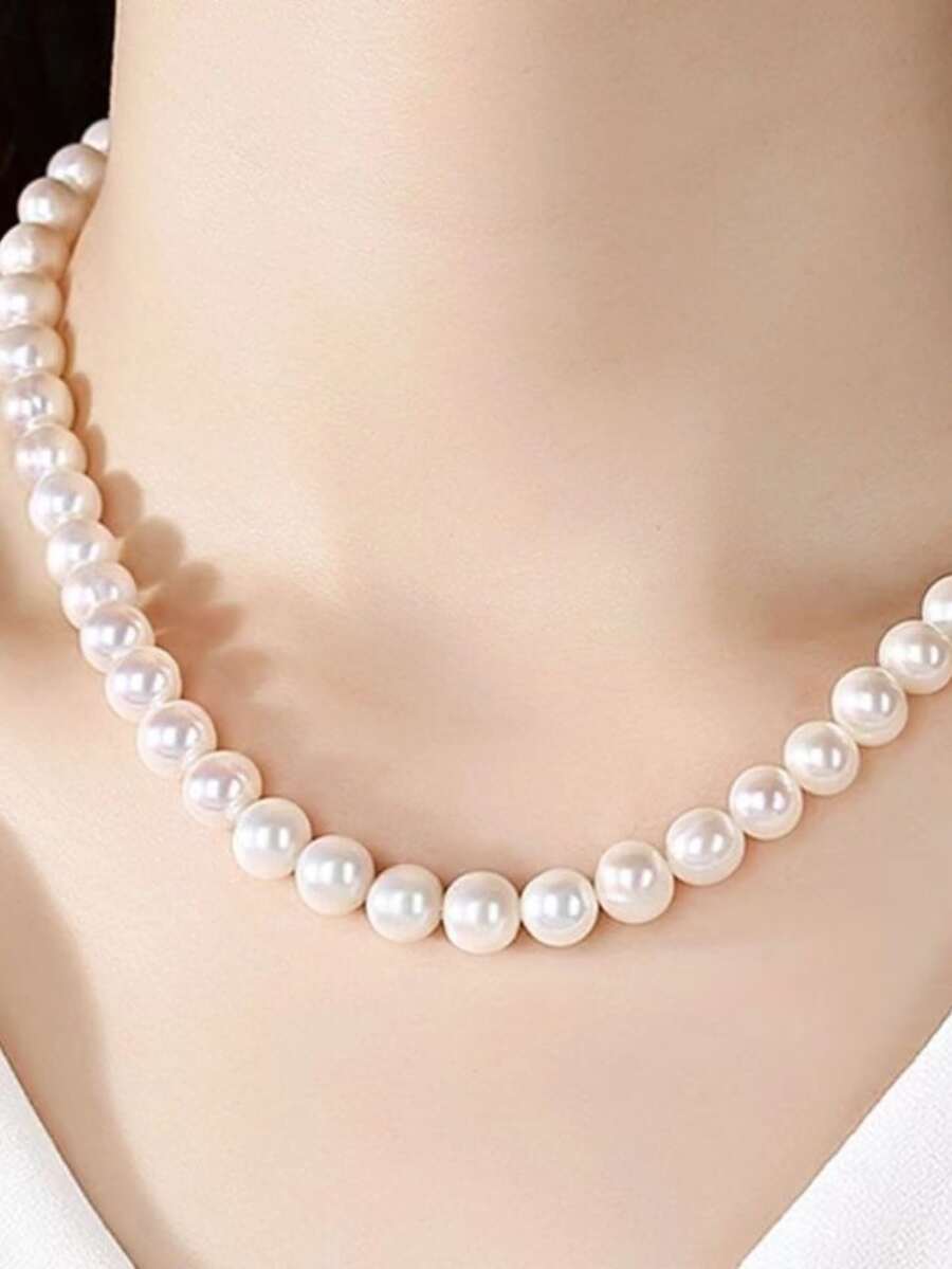 Faux Pearl Decor Silver Beaded Necklace - White - View 1