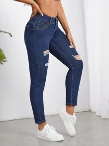 SHEIN Unity Quần jean nữ Nút Túi Bị tách Dây kéo màu trơn - Rửa tối - Xem 4
