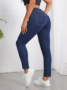 SHEIN Unity Quần jean nữ Nút Túi Bị tách Dây kéo màu trơn - Rửa tối - Xem 3