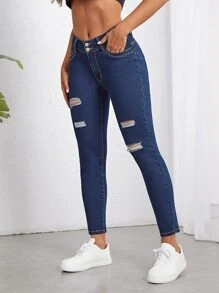 SHEIN Unity Quần jean nữ Nút Túi Bị tách Dây kéo màu trơn - Rửa tối - Xem 5