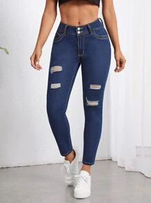 SHEIN Unity Quần jean nữ Nút Túi Bị tách Dây kéo màu trơn - Rửa tối - Xem 2