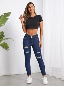 SHEIN Unity Quần jean nữ Nút Túi Bị tách Dây kéo màu trơn - Rửa tối - Xem 1