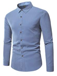 Manfinity Mode 男士纯色纽扣衬衫，男士蓝色正装衬衫，灰蓝色男士衬衫，男士优雅衬衫，秋季长袖上衣 - 霧霾藍 - 查看 1