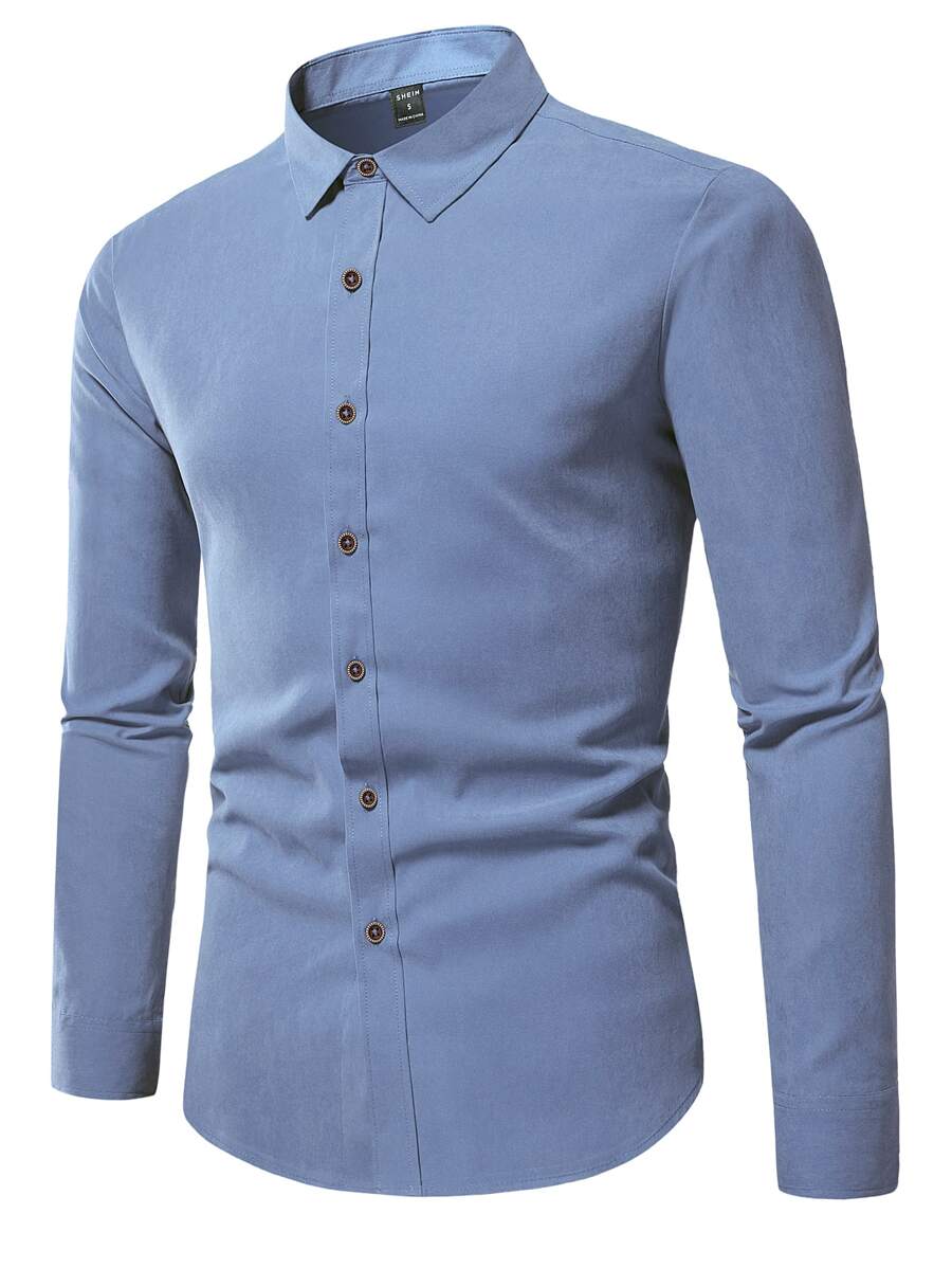 Manfinity Mode 男士纯色纽扣衬衫，男士蓝色正装衬衫，灰蓝色男士衬衫，男士优雅衬衫，秋季长袖上衣 - 霧霾藍 - 查看 1