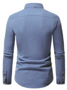Manfinity Mode 男士纯色纽扣衬衫，男士蓝色正装衬衫，灰蓝色男士衬衫，男士优雅衬衫，秋季长袖上衣 - 霧霾藍 - 查看 2