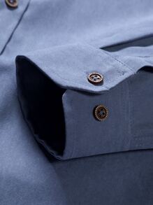 Manfinity Mode 男士纯色纽扣衬衫，男士蓝色正装衬衫，灰蓝色男士衬衫，男士优雅衬衫，秋季长袖上衣 - 霧霾藍 - 查看 3