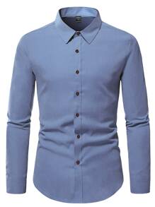 Manfinity Mode 男士纯色纽扣衬衫，男士蓝色正装衬衫，灰蓝色男士衬衫，男士优雅衬衫，秋季长袖上衣 - 霧霾藍 - 查看 5