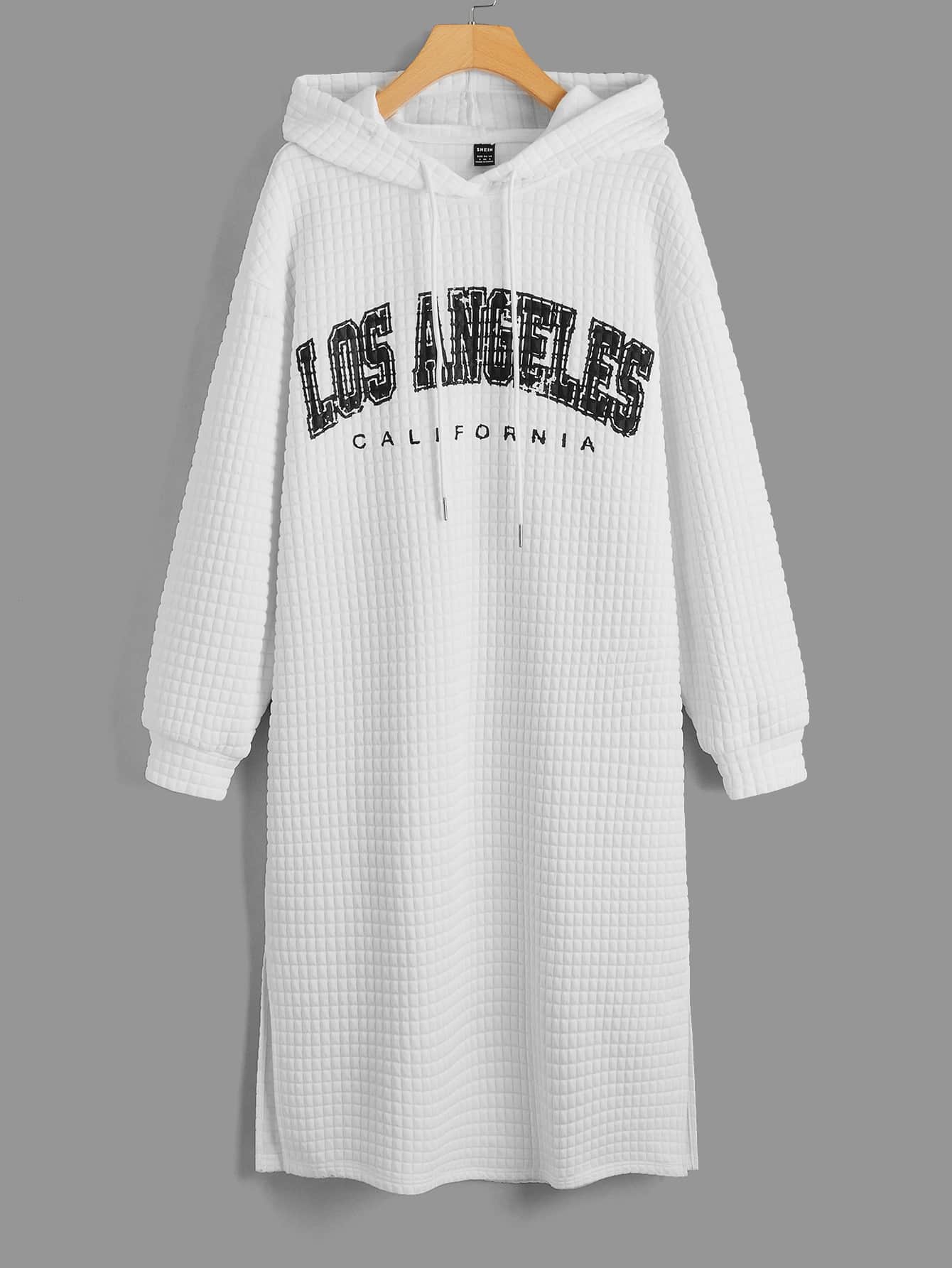 SHEIN EZwear Letter Graphic Drop Shoulder Split Hem Drawstring Hooded Sweatshirt Dress - White - View 1