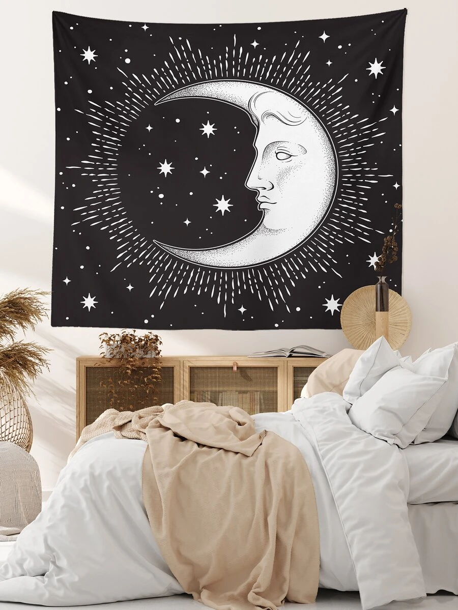 Tapiz con estampado de luna y estrella - Blanco y Negro - Ver 1