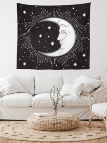 Tapiz con estampado de luna y estrella - Blanco y Negro - Ver 2