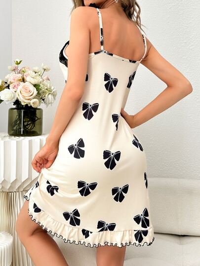 Bow Print Kanten Ruffle Hem Cami Pajama Nightdress Tie view 2
