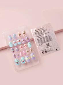 20入組短款方形假指甲和1片膠帶式貼片指甲美甲工具 - 彩色 - 查看 5