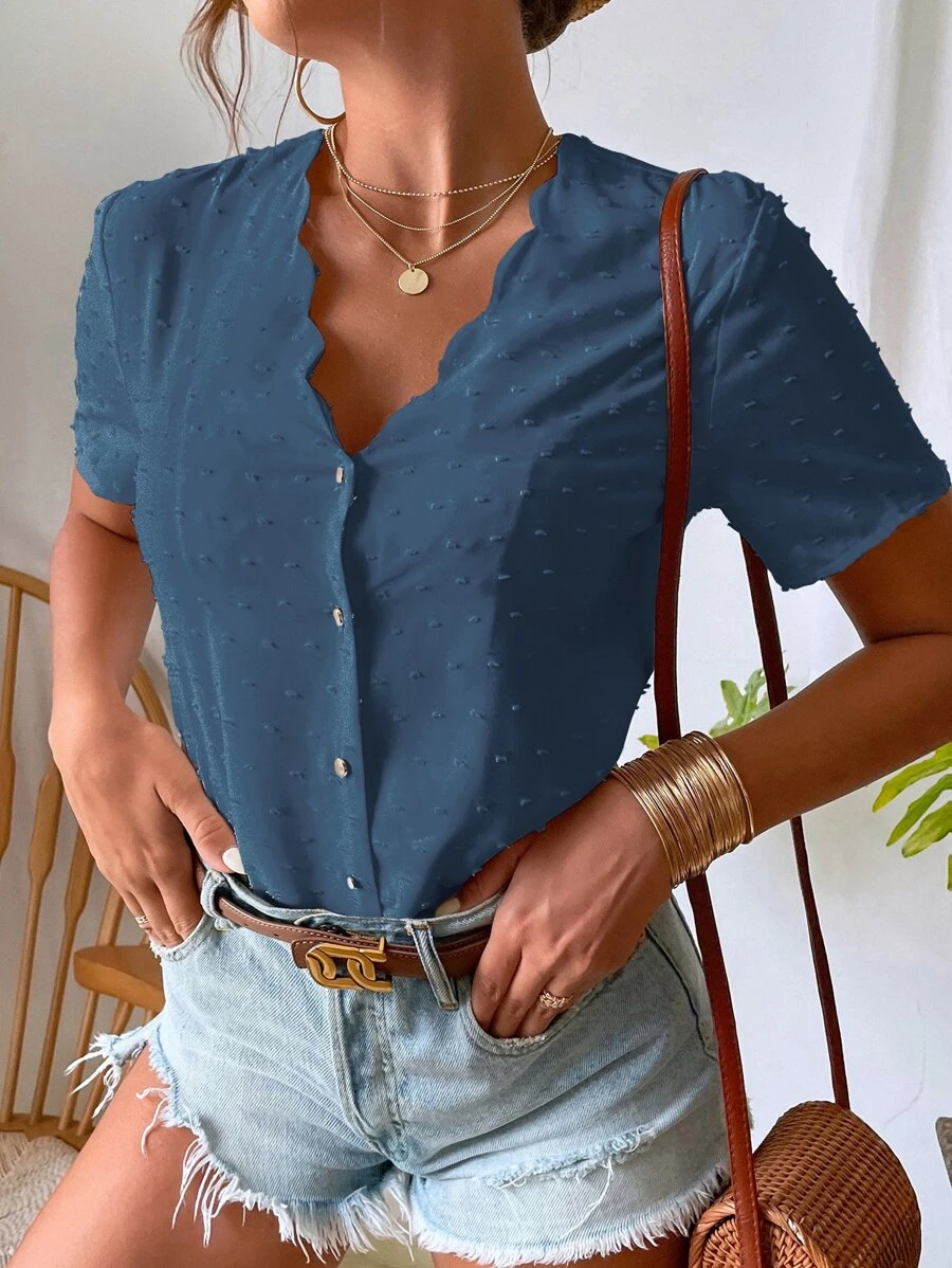 SHEIN VCAY 瑞士圆点扇贝边饰女式衬衫 - 霧霾藍 - 查看 1