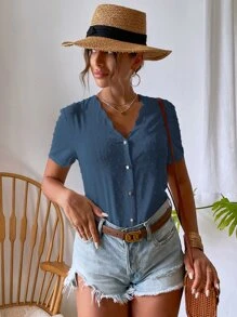 SHEIN VCAY 瑞士圆点扇贝边饰女式衬衫 - 霧霾藍 - 查看 3