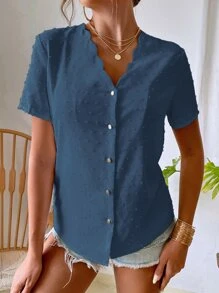 SHEIN VCAY 瑞士圆点扇贝边饰女式衬衫 - 霧霾藍 - 查看 5