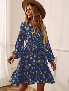 SHEIN LUNE Floral Print Surplice Neck Belted Dress - Navy Blue - View 4