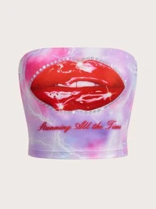 SHEIN ICON Slogan & Lip Print Tube Top - Multicolor - View 1