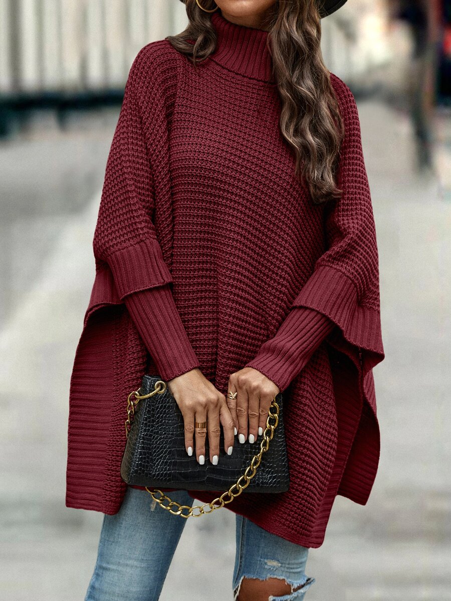 SHEIN LUNE Women Sweaters Split Plain Casual - Burgundy - View 1