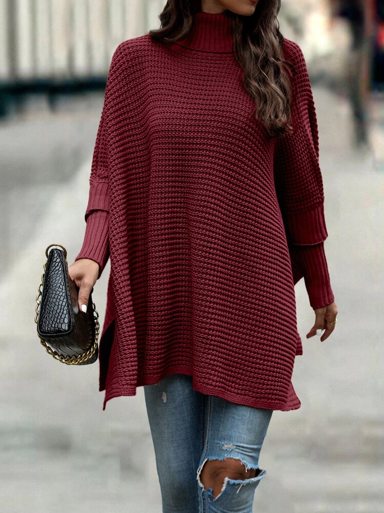 SHEIN LUNE Turtleneck Batwing Sleeve Poncho,Long Sleeve Tops Knit Pullover Sweater Fall Winter - Burgundy - View 4