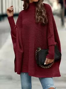 SHEIN LUNE Women Sweaters Split Plain Casual - Burgundy - View 5