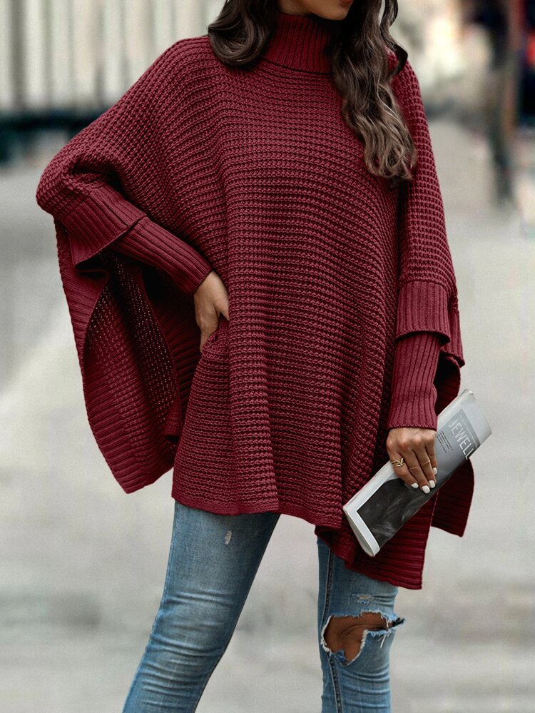 Turtleneck Batwing Sleeve Poncho,Long Sleeve Tops Knit Pullover Sweater Fall Winter