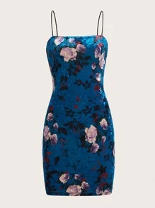 SHEIN MOD Vestido ajustado de tirantes con estampado floral de terciopelo - Azul Marino - Ver 1