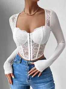 SHEIN Allurite Asymmetrical Hem Crop Bustier Lace Top For Holiday Party Clothes Fall Cloth For Women - White - View 3