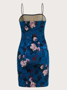 SHEIN MOD Vestido ajustado de tirantes con estampado floral de terciopelo - Azul Marino - Ver 2