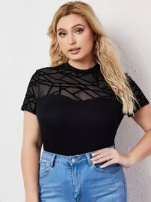 SHEIN Privé Plus Geo Contrast Mesh Keyhole Back Tee, Summer - Black - View 1