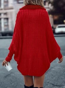 SHEIN LUNE Fuzzy Trim Batwing Sleeve Duster Cardigan - Red - View 2