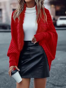 SHEIN LUNE Fuzzy Trim Batwing Sleeve Duster Cardigan - Red - View 3